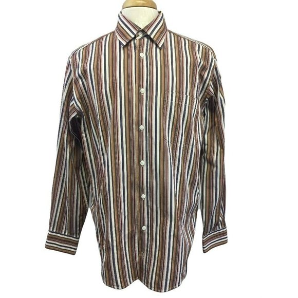 Bugatchi Uomo Shirt Mens L Vertical Stripes Button Brown Cotton - Picture 1 of 4